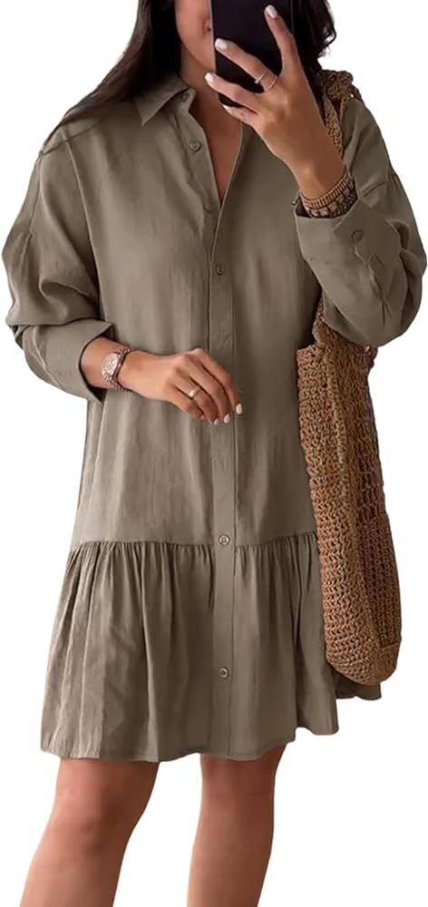 Zhiyouni Women's Shirt Dress Loose Lapel Collar Long Sleeves Button Down Tunics Tops Blouses | Amazon (US)