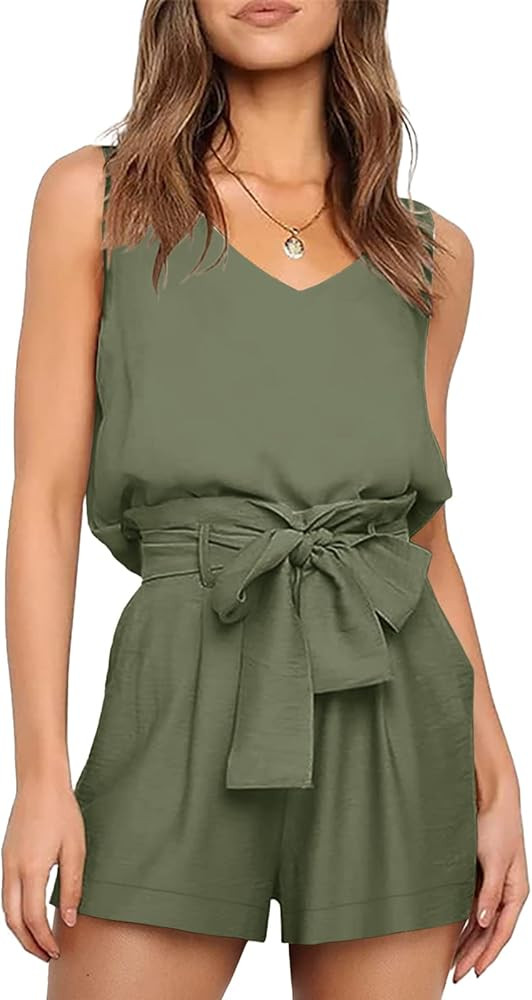 Zbyclub Womens Two Piece Outfits Summer Short Romper Jumpsuit Sleeveless V Neck Tank Top High Wai... | Amazon (US)