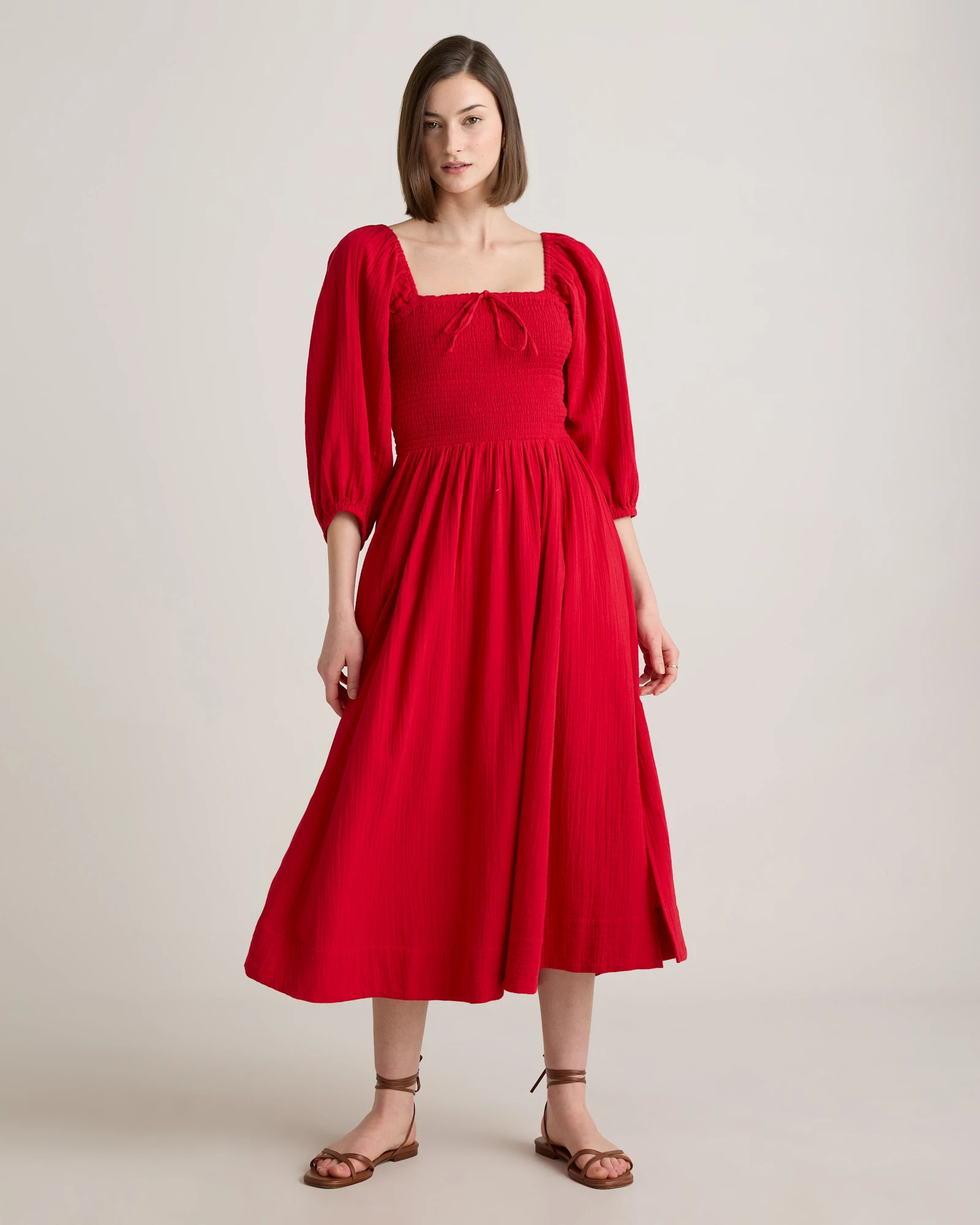 100% Organic Cotton Gauze Smocked Square Neck Midi Dress | Quince