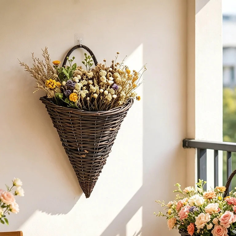 Boho Hanging Wicker Baskets Handwoven Scalloped Wall Flower Basket Spring Farmhouse Rattan Hangin... | Walmart (US)