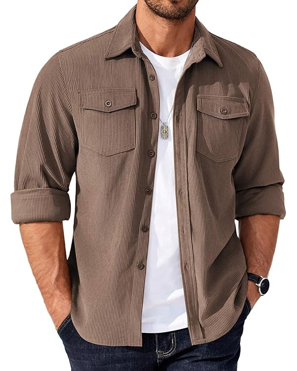 COOFANDY Men's Corduroy Button Down Shirts Jackets Casual Long Sleeve Shacket Lightweight Overshi... | Amazon (US)