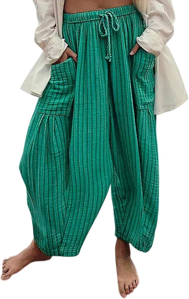 Women\u2019s Striped Barrel Pants Drawstring Wide Leg Baggy Harem Trousers | Amazon (US)