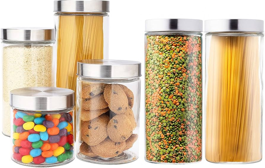 EATNEAT Set of 6 Large Glass Kitchen Canisters with Stainless Steel Lids - Food Storage Container... | Amazon (US)