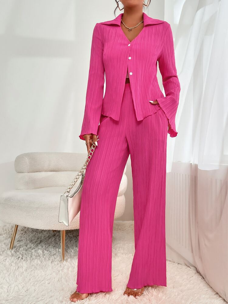 Bell Sleeve Plisse Shirt & Wide Leg Pants | SHEIN
