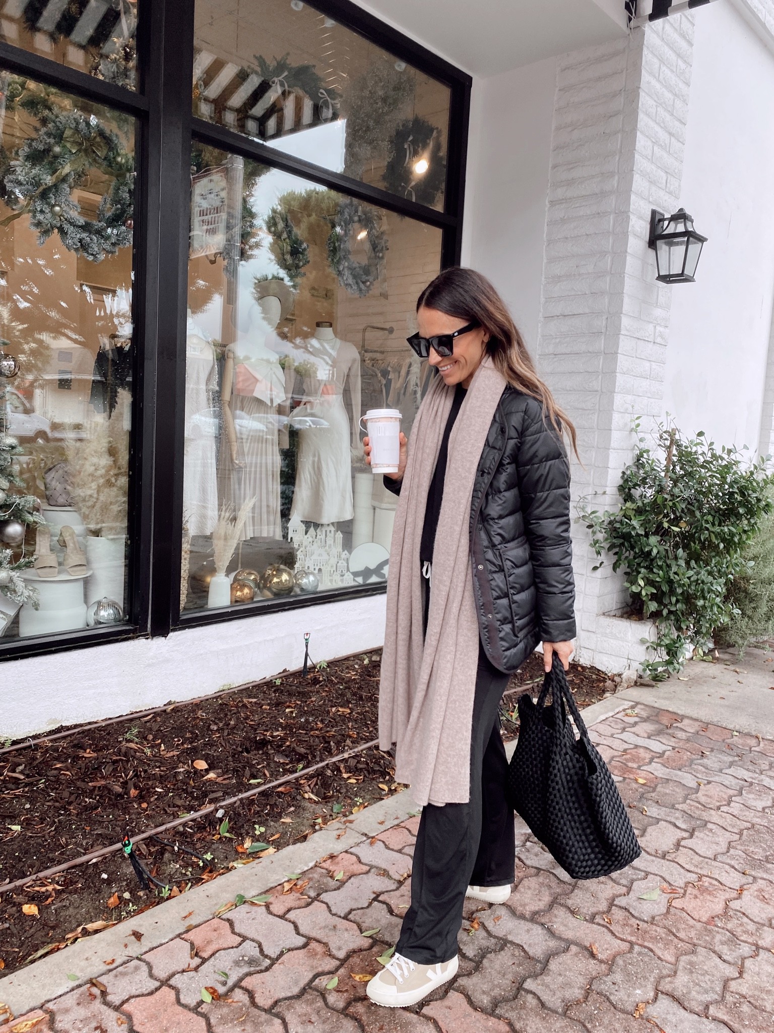 Today’s outfit from November’s capsule wardrobe 
Oversized cashmere wrap (sesame color) 
Quilted liner jacket 
Wide legged lounge pants 

#LTKstyletip