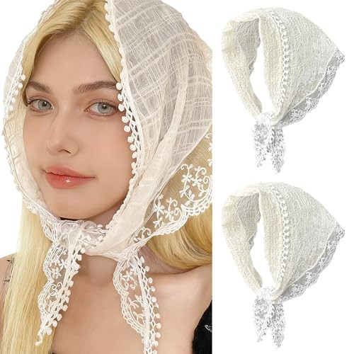 BuyaCraft 2 Pcs Lace Head Scarf for Women, Vintage Bandana Hair Scarf Headband, Stylish Lace Head Kerchief Head Wrap for Girls | Amazon (US)