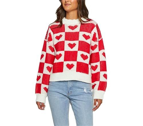 Women Cute Heart Sweater Top Love Heart Printing Valentines Day Knitted Pullover Top Long Sleeve Loose Sweatshirt (Square & Heart-A, M) | Amazon (US)