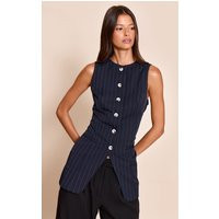 Navy And White Pinstripe Button Up Vest | PrettyLittleThing US