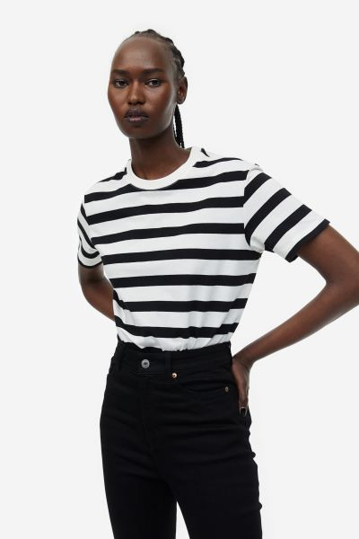 Camiseta de algodón - Beige claro/Rayas - MUJER | H&M ES | H&M (FR, IT, ES, PT, BE)