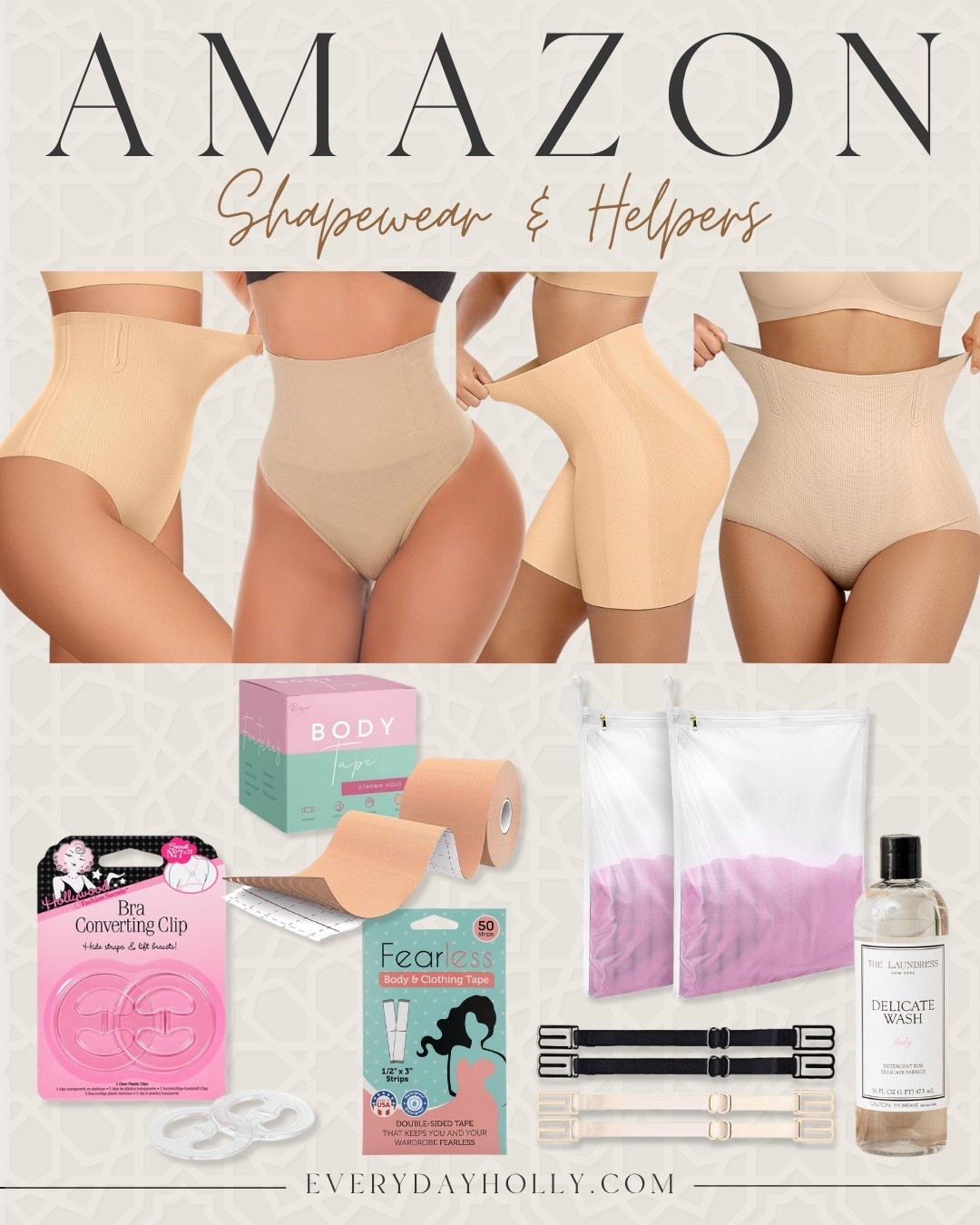 These are the little wardrobe helpers I always keep on hand. From shapewear that smooths without feeling restrictive to fashion tape, bra clips, and extender straps that can completely save an outfit, these are the items I reach for again and again.

Shapewear essentials, tummy control shapewear, seamless shapewear, fashion tape, bra clip, bra extender, wedding guest essentials, outfit hacks, wardrobe must haves, smoothing shorts, dress solutions, fashion accessories, Amazon fashion finds, EverydayHolly

#LTKOver40 #LTKPetite #LTKootd