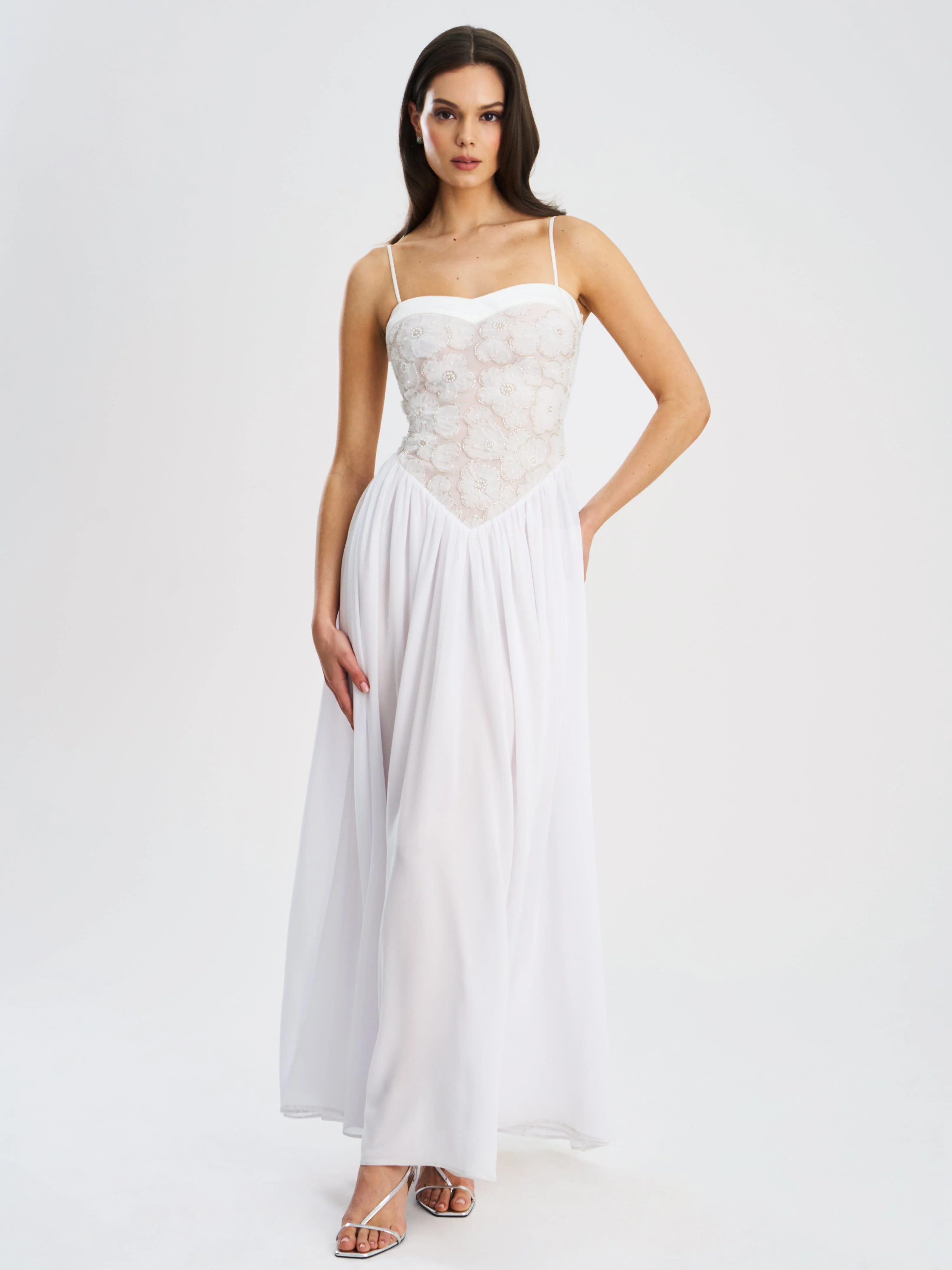 Miss Circle Women Ucille White Embroidered Chiffon Maxi Dress | Shop Simon