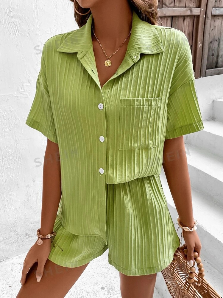 SHEIN Relaxiva Drop Shoulder Pocket Patched Shirt & Shorts | SHEIN