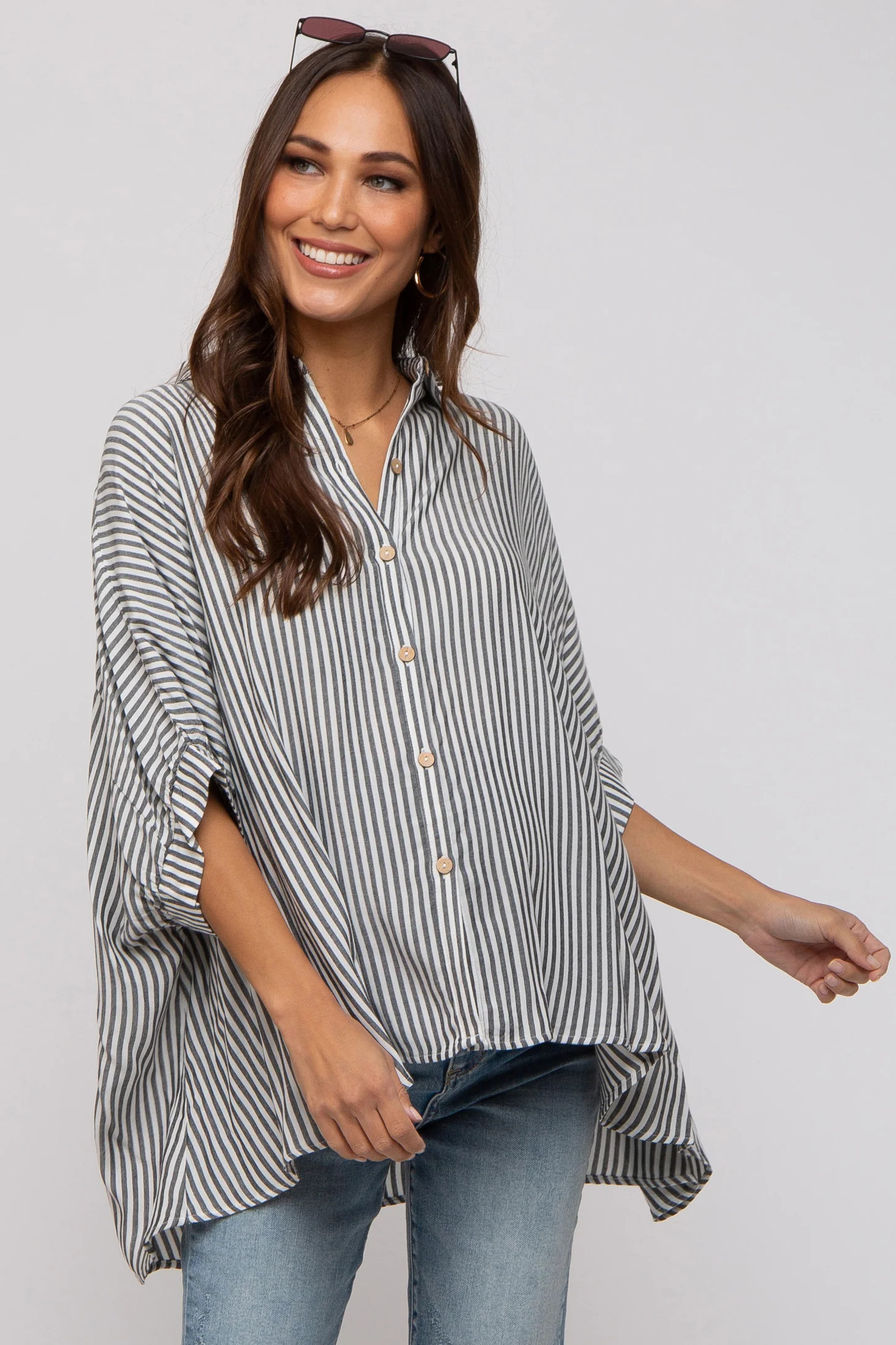 Taupe Striped Button Up Dolman Maternity Top | PinkBlush Maternity