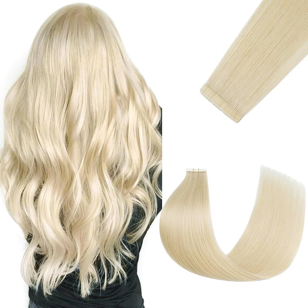 FUOTONBUTY Tape in Hair Extensions Human Hair Platinum Blonde 24 inch 20 pcs/50g Double Stitched ... | Amazon (US)