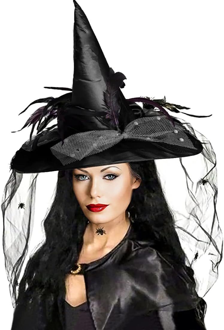 Goetland Deluxe Witch Hat for Women Halloween Witch Hat with Veils Spiders Feathers Party Carnival C | Amazon (US)