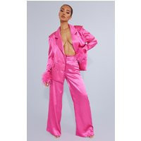 Petite Hot Pink Oversized Satin Feather Cuff Detail Suit Pant | PrettyLittleThing CAN