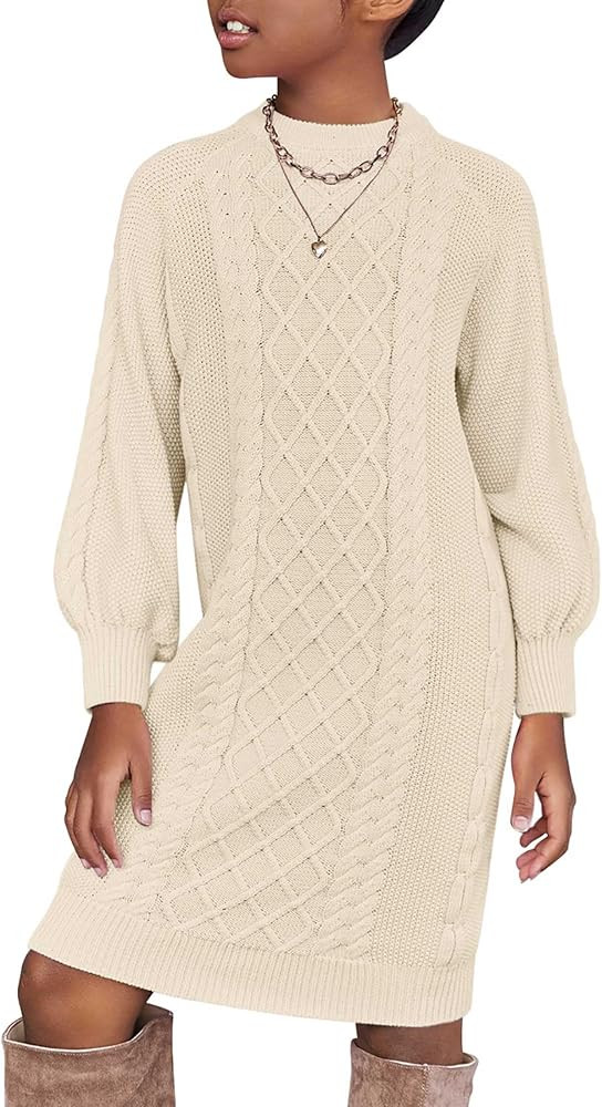 Arshiner Girl's Sweater Dress Puff Long Sleeve Casual Cable Knit Pullover Fall Dresses for 6-12 Y... | Amazon (US)
