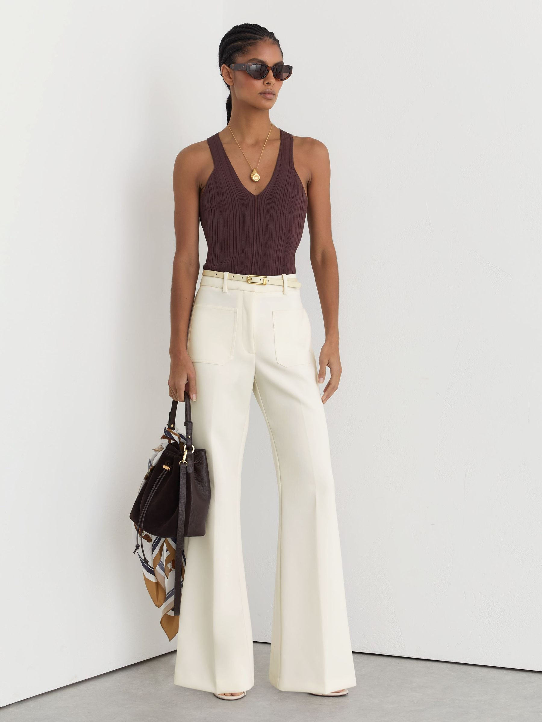 Reiss Twill Patch-Pocket Flared Trousers in Cream | REISS | Reiss DE