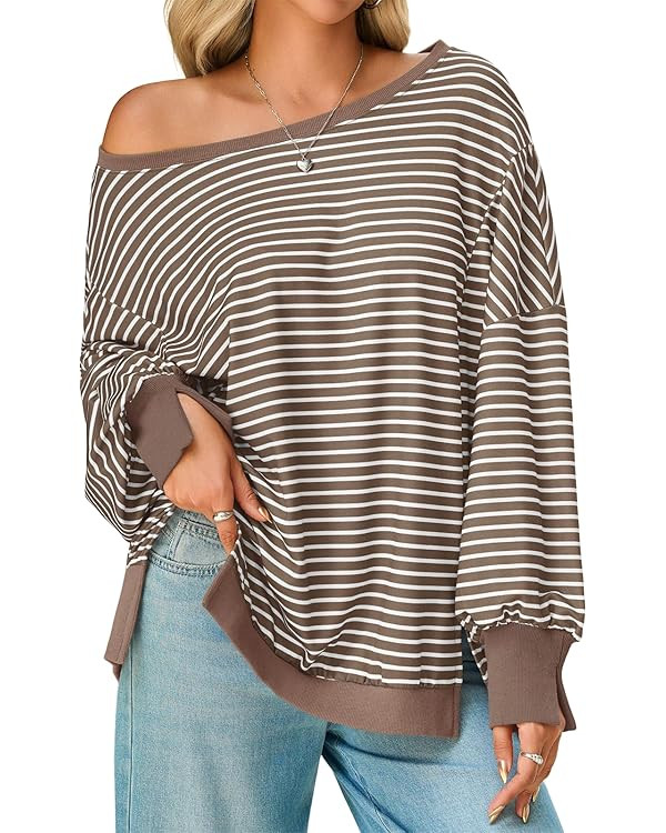 Tankaneo Womens Striped Oversized Sweatshirt Off The Shoulder Lantern Long Sleeve Top Split Fall ... | Amazon (US)