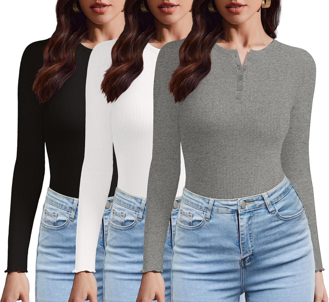 Ekouaer Women's Long Sleeve Shirts 3 Packs Henley Button Down Tops Ribbed Slim Fit Base Layer Sof... | Amazon (US)