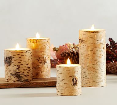 Premium Flickering Flameless Textured Birch Wax Pillar Candles | Pottery Barn (US)
