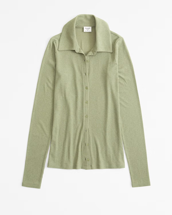 Women's Long-Sleeve Slim Sheer Polo Button-Through Top | Women's New Arrivals | Abercrombie.com | Abercrombie & Fitch (US)