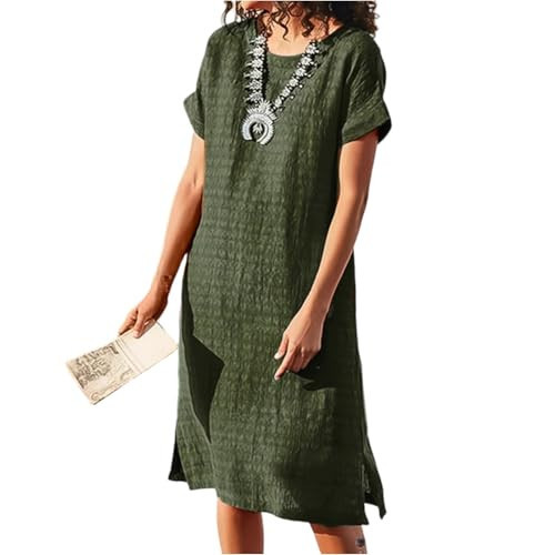 Summer Shirt Dress for Women Casual Linen Short Sleeves Boho Flowy House Tunic Dresses Plus Size Round Neck Solid Color Beach Lounge Sundresses Plus Size | Amazon (US)