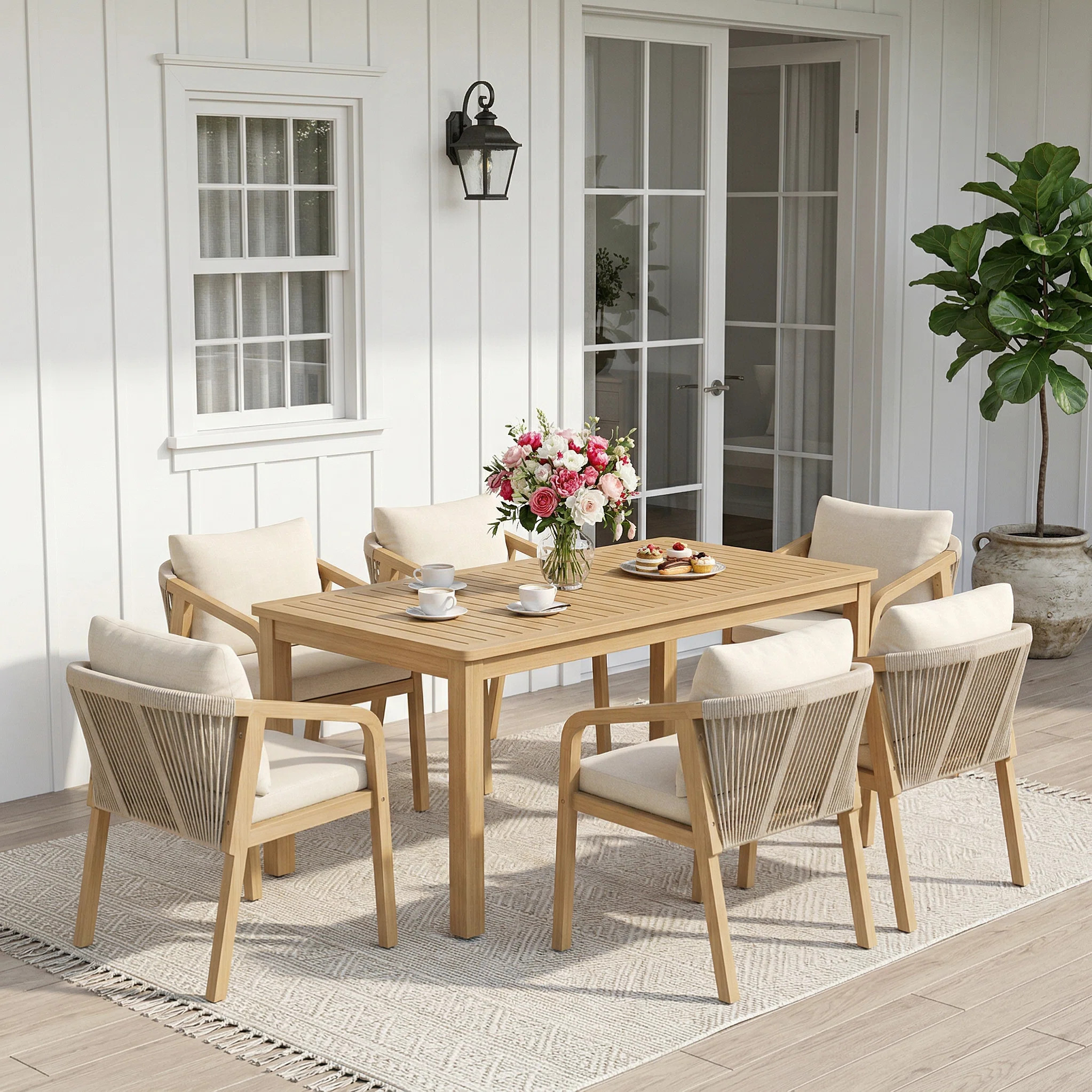 All Weather Acacia Wood Outdoor Dining Set with Water-Resistant Cushions | Wayfair North America