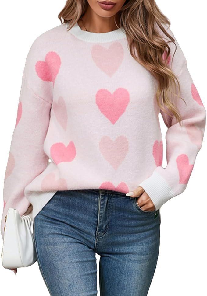 Women's Cute Heart Sweater Crewneck Long Sleeve Oversized Love Sweaters Pullover Tops Valentine's... | Amazon (US)