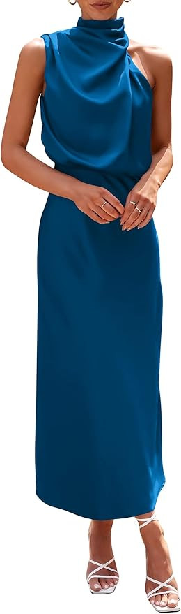 PRETTYGARDEN Women's 2023 Summer Satin Dress Elegant Sleeveless Mock Neck Cocktail Party Maxi Dre... | Amazon (US)