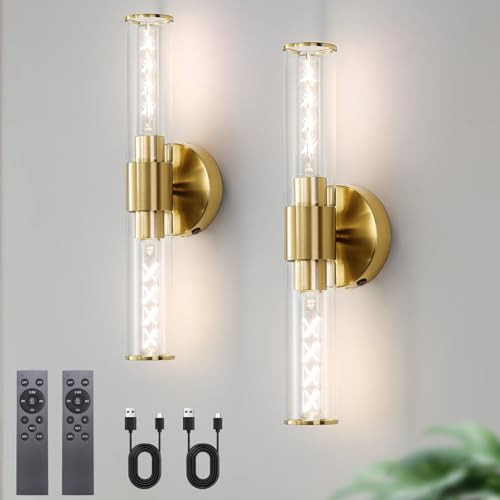 HONGREN Battery Operated Wall Sconces Set of Two Glass Gold Rechargeable Wall Sconces with Remote Control LED Dimmable Wall Lights for Living Room Hallway (2 Pack) | Amazon (US)