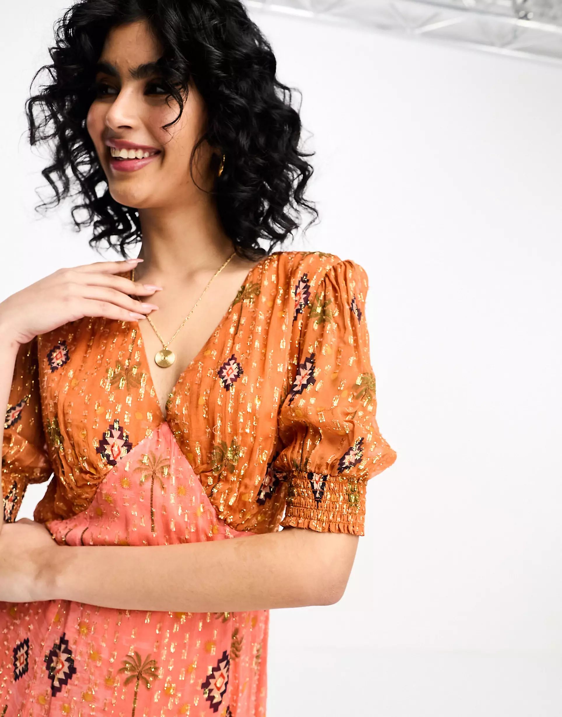 Never Fully Dressed gold jacquard midaxi dress in sunset print | ASOS (Global)