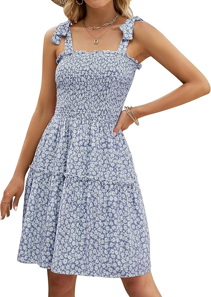 ZESICA Women's 2024 Summer Boho Floral Printed Spaghetti Strap Square Neck Ruffle A Line Swing Be... | Amazon (US)