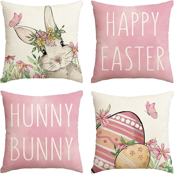 AVOIN colorlife Happy Easter Hunny Bunny Pink Throw Pillow Covers, 18 x 18 Inch Easter Eggs Bunny... | Amazon (US)