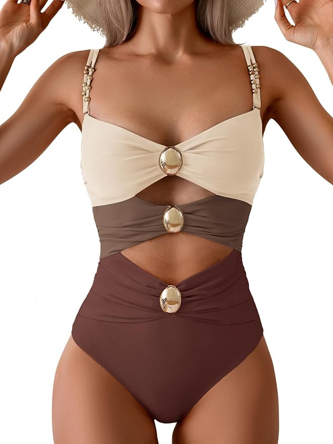 B2prity One Piece Swimsuit for Women Cutout Monokini Color Block Bathing Suit Ruched Sexy Swimwea... | Amazon (US)