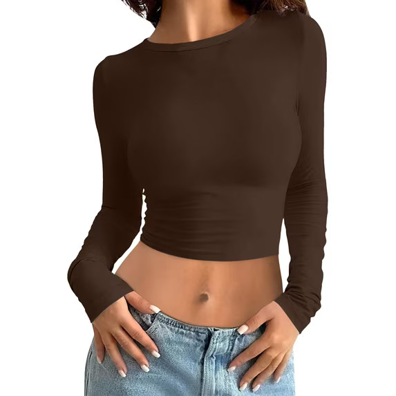 Youmylove Womens Long Sleeve Shirts Fitted Tops Slim Fit Crew Neck T Shirt Crop Top Casual Stylis... | Walmart (US)
