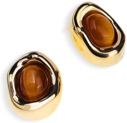 Gold Statement Stone Stud Earrings for Women, Trendy Chunky Natural Gemstone Oval Hypoallergenic ... | Amazon (US)