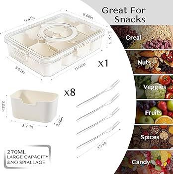 Snackle Box Container,Portable Snack Box 8 Compartment Divided Serving Tray with Lid and Handle,C... | Amazon (US)
