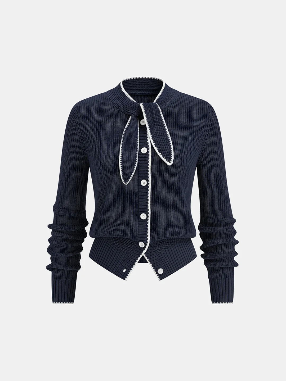 Tie Neck Contrast Trim Wool Blend Cardigan | Commense