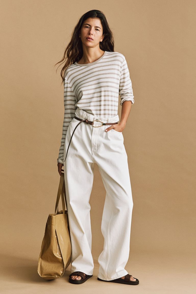 Long-sleeved Top - White/light beige striped - Ladies | H&M US | H&M (US + CA)