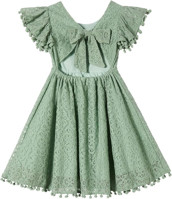 Toddler Girls Lace Dress Baby Kids Tie Back Bow Pom Pom Ruffle Sleeve Backless Party Princess Dre... | Amazon (US)