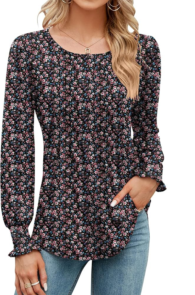 LOMON Women's Summer Puff Long/Short Sleeve Tunic Tops Pleated Crew Neck Shirts Blouses Casual Lo... | Amazon (US)