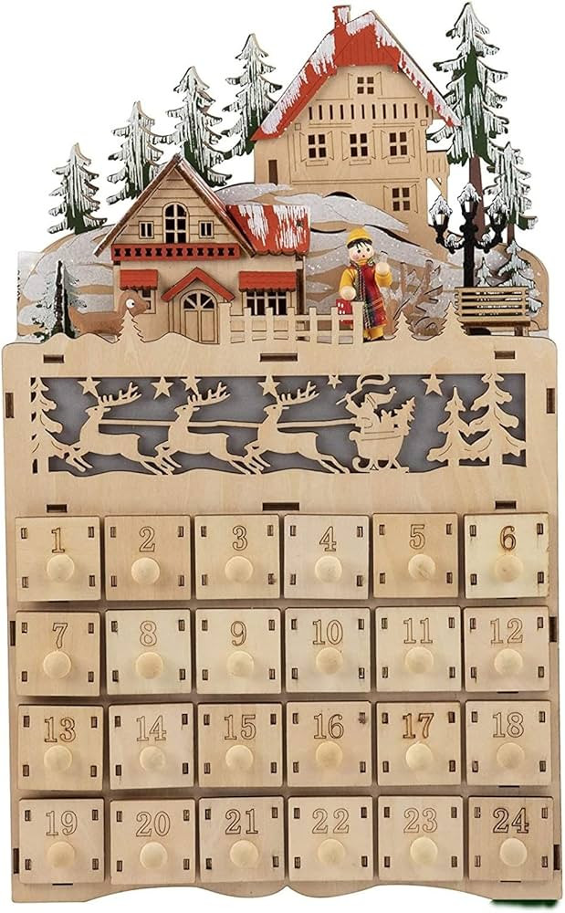 Wooden Advent Calendar, LED Light Up Reindeer Christmas Village, 24 Drawers Countdown (8.7 x 14.1... | Amazon (US)