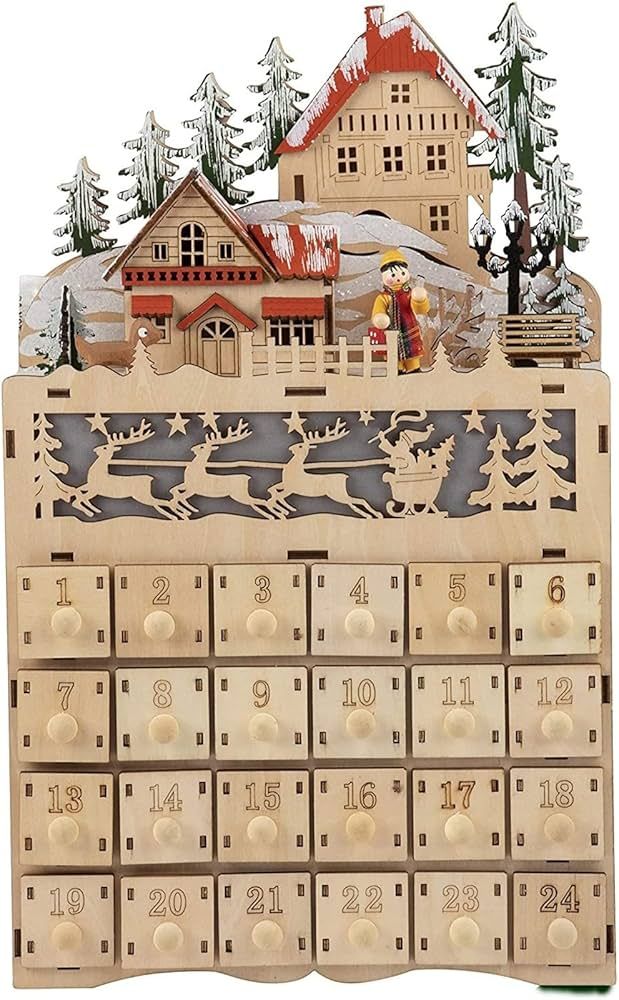 Wooden Advent Calendar, LED Light Up Reindeer Christmas Village, 24 Drawers Countdown (8.7 x 14.1... | Amazon (US)