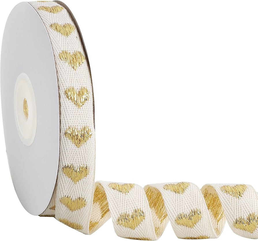 TONIFUL Cotton Ribbon 5/8 inch x10 Yard, Stitched Cotton Ribbon with Gold Heart Pattern for Valen... | Amazon (US)