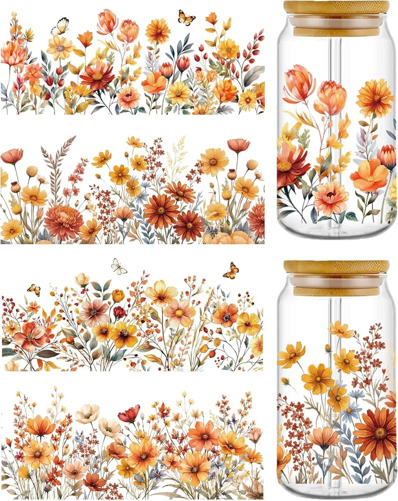 CRASHOT Fall UV DTF Cup Wraps for Glass, 4 Pcs Wildflower Floral Decals | Amazon (US)