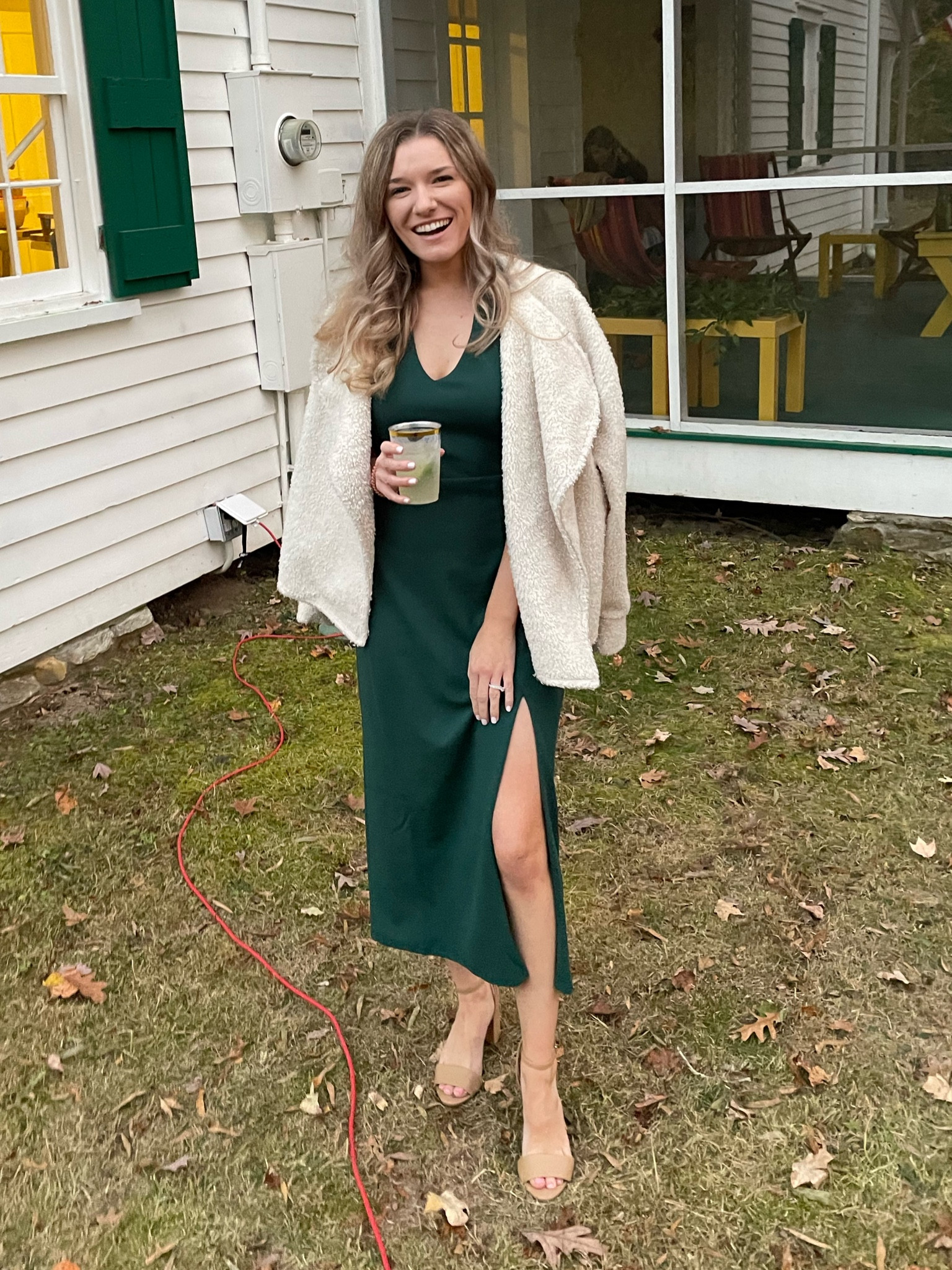 Cozy Fall wedding guest 🍂 my Lulu’s cocktail dress is currently 30%! Sherpa coat is old from Express.

#LTKsalealert #LTKstyletip #LTKSeasonal