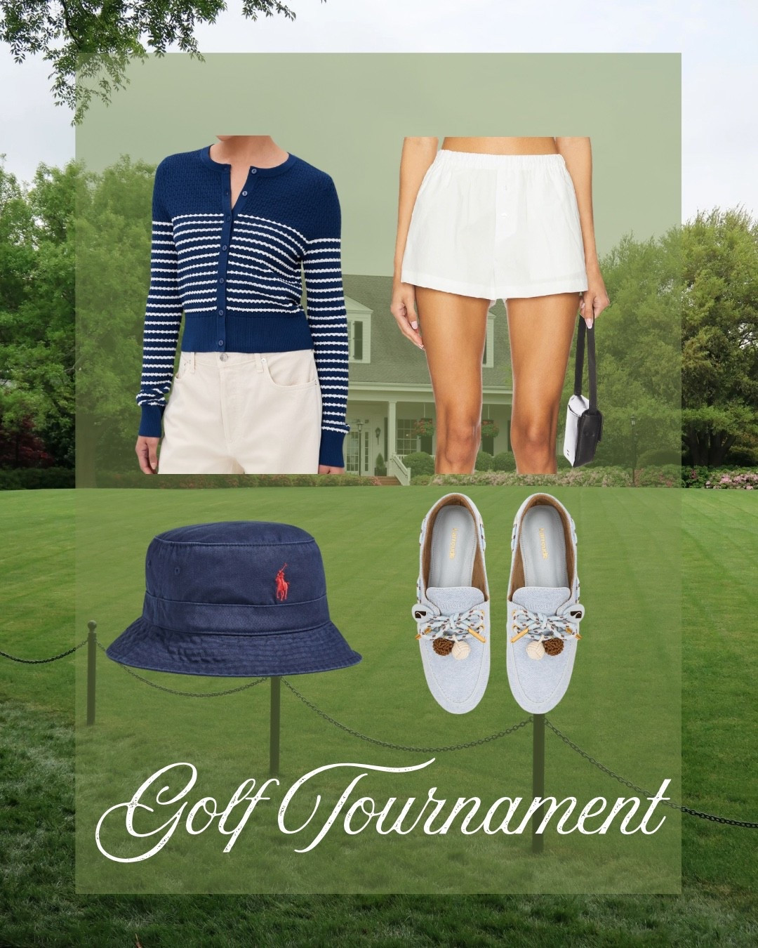 Golf tournament the masters outfit stripe cardigan polo bucket hat Ralph Lauren loafers boat shoes 

#LTKootd