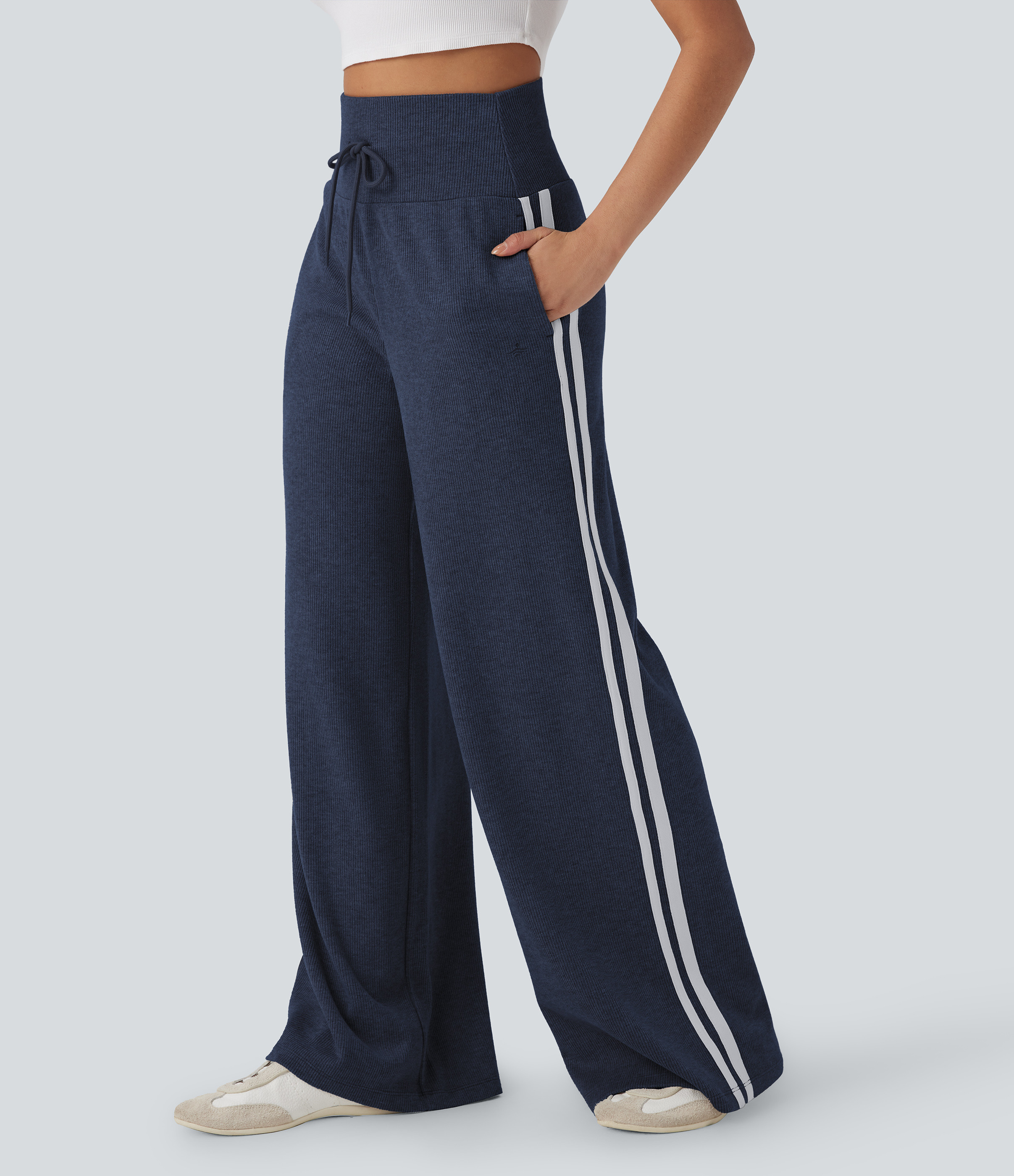Halara Ribbed SoCinched High Waisted Tummy Control Drawstring Wide Leg Color Block Casual Pants with Pockets - Mood Indigo - S(regular) | HALARA