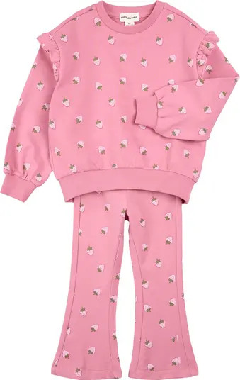 MILES THE LABEL Strawberry Print Ruffle Sweatshirt & Flare Sweatpants Set | Nordstrom | Nordstrom